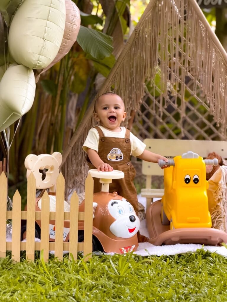 Child discovering colourful ride-on toys